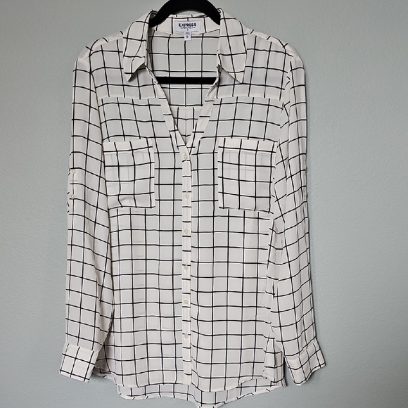 Express Tops - Express Portofino White and Black Windowpane Long Sleeve Button Down Shirt XL